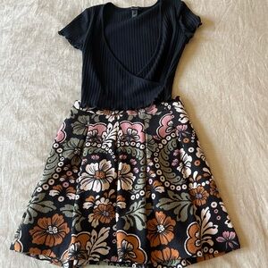H&M Floral A-Line Skirt - Black, Pink, Green, Orange